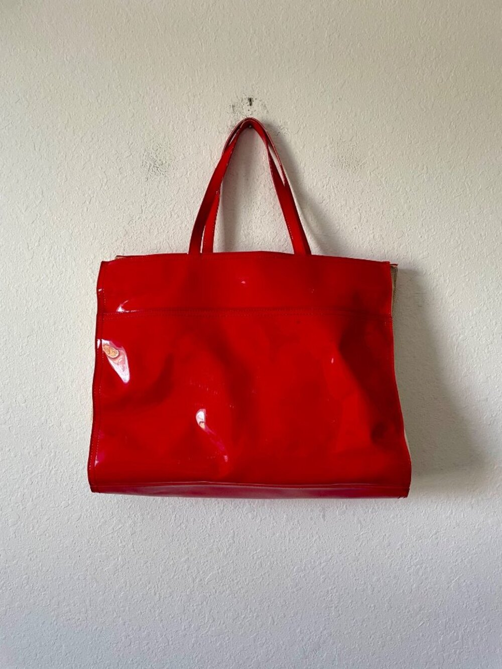 Tory Burch Ella Red Patent Leather Canvas Monogram Large Bag Tote Gold - Picture 9 of 16
